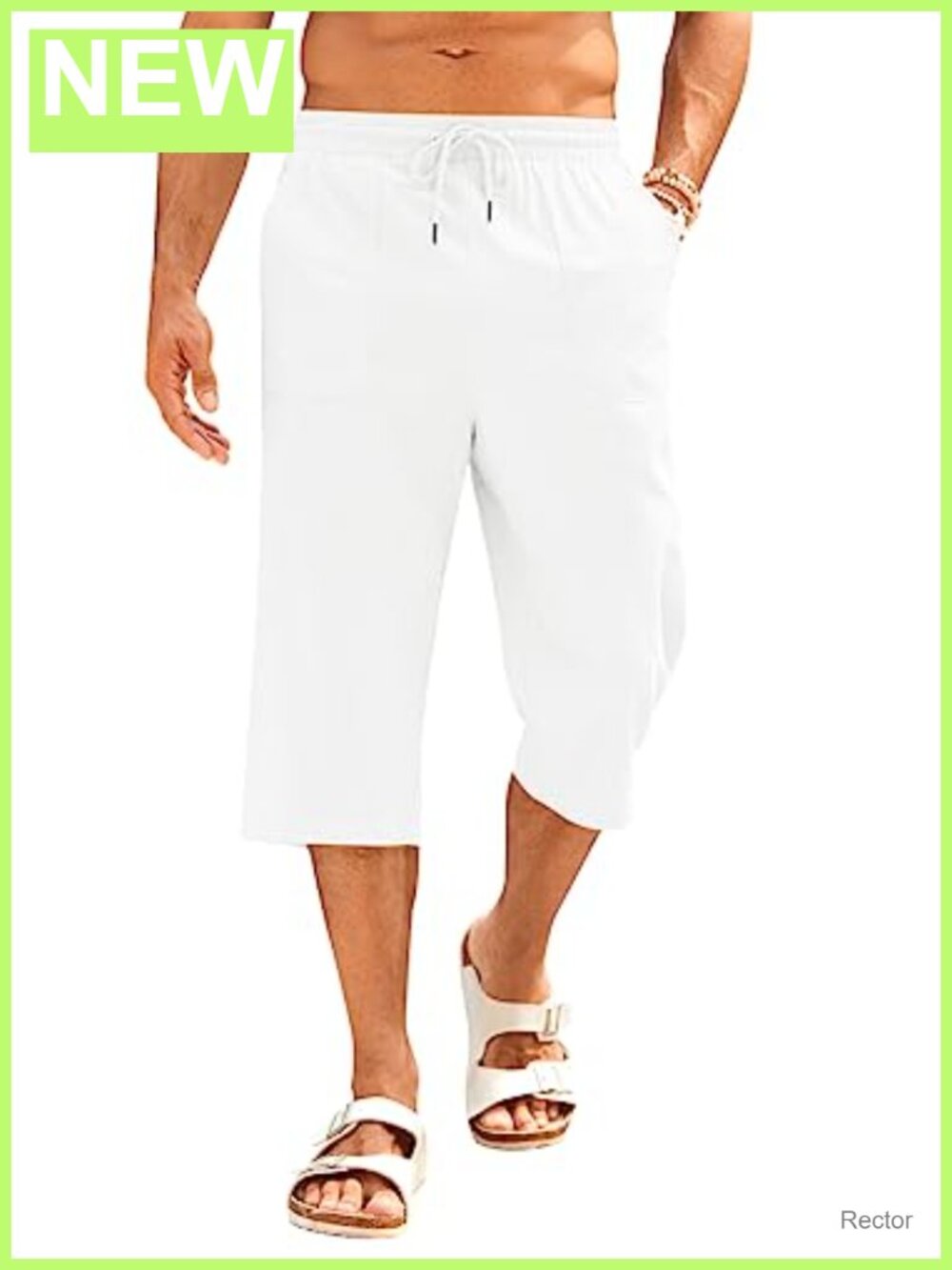 Men's Cotton Linen Capri Pants Elastic Waist Drawstring Relaxed Fit